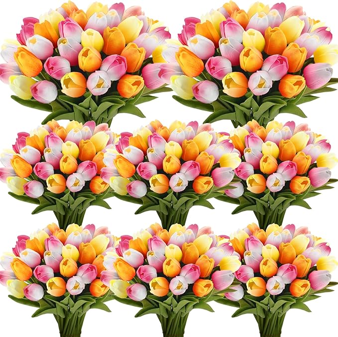 Janinka 64pcs Artificial Tulip Flowers Fake PU Tulips Faux Latex Bouquet Flower Centerpieces Arrangement Floral for Mother Day Wedding Spring Decorations (Multicolor)
