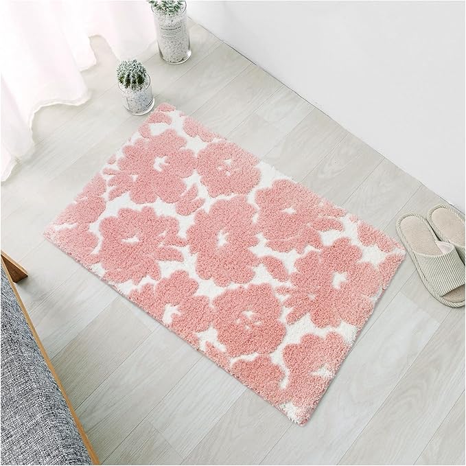 Civkor Pink and White Bathroom Rug, Tufted Flower Bath Mat for Bathroom with Non Slip TPR Backing, Quick Dry Microfiber Surface, Soft and Super Water Absorbent Bath Rug, 24x16Inch
