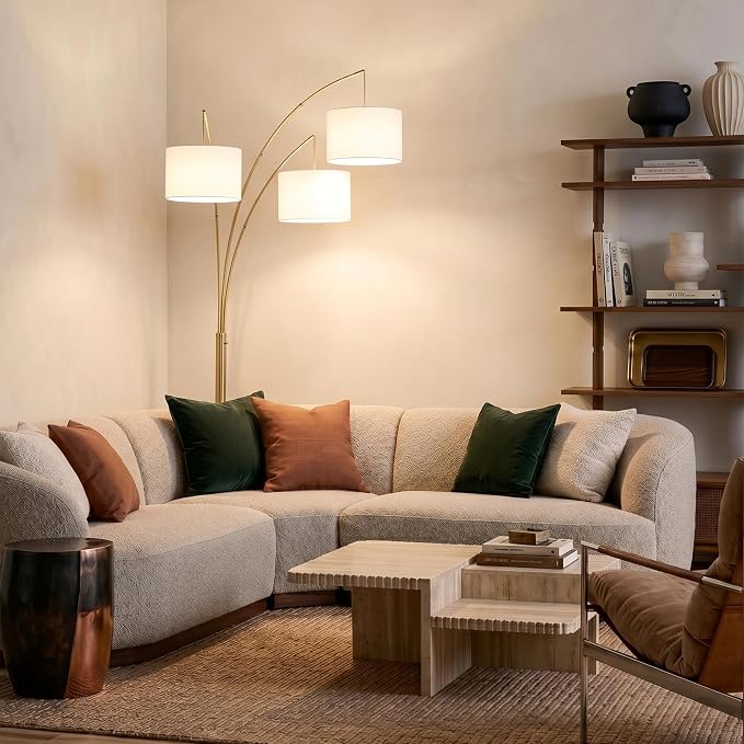 Brightech Trilage Arc Floor Lamp - Large Standing Lamp with 3 Fabric Shades & LED Bulbs for Living Room Over the Sofa, Reading, Multi-Head Traditional Tree Floor Lamp for Bedroom - Brass
