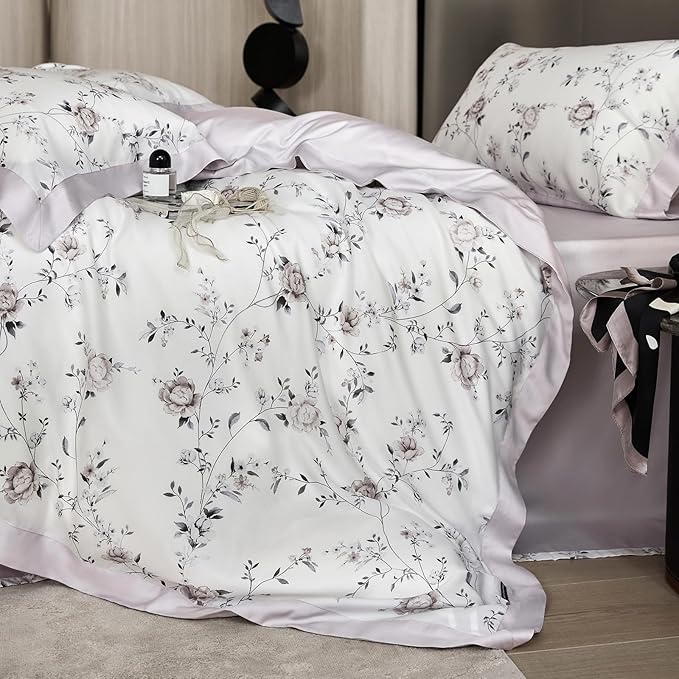 VM VOUGEMARKET Lyocell Duvet Cover King with 2 Pillow Shams,Vintage Garden Flower Bedding Set,Silky Soft, Cool-to-The-Touch Comforter Cover for Hot Sleeper-King,Purplish Grey