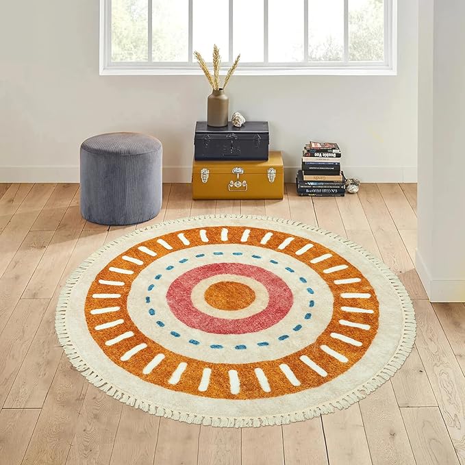 Lukinbox Boho Round Rug -3Ft Sun Washable Bedroom Rugs, Ultra Soft Non-Slip Circle Area Rugs for Living Room, Colorful Circular Rainbow Bathroom Rug for Kids Playroom Nursery Room Chair