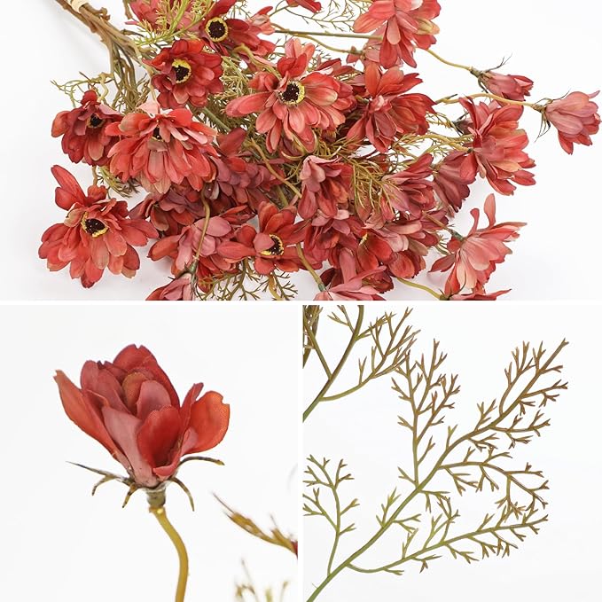3 Bunches Artificial Daisy Flowers Bouquets for Fall Decor, 20" Faux Chrysanthemums Wildflowers for Autumn Thanksgiving Centerpiece, Silk Flowers Mums for Calliopsis Floral Arrangements, Light Red