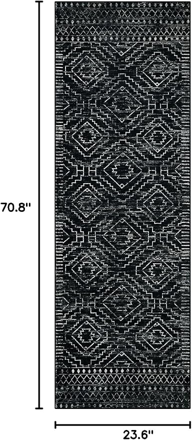 Wonnitar Washable Kitchen Runner Rug 2x6, Moroccan Black Runners for Hallway, Non Slip Bohemian Soft Bathroom Throw Mat Geometric Carpet Runner for Laundry Entryway Bedroom (Black,2'x6')