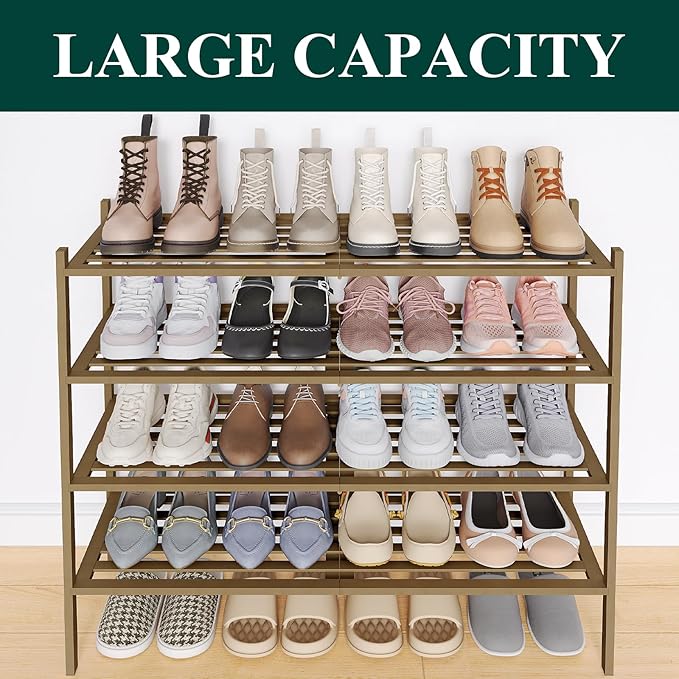 Smiry Long Bamboo Shoe Rack 4-Tier, Stackable Wooden Shoe Organizer for Entryway & Closet, Free Standing Wood Shoe Storage Shelf for Front Door & Small Spaces, Walnut