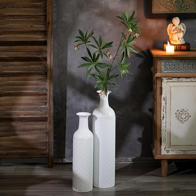 Sziqiqi White Tall Floor Vases: 27.6/21.7in Extra Large Metal Decorative Floor Vase - Set of 2 Big Boho Floor Vases for Pampas Grass Twigs - Oversized Floor Vase for Living Room Bedroom Home Corner