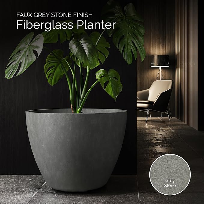 Lupo Tapered Planter – Grey Stone Finish – Fiberglass Indoor/Outdoor and Weather-Resistant Medium Planter (20" D x 15.4" H Exterior, 18.9" D x 14.8" H Interior)