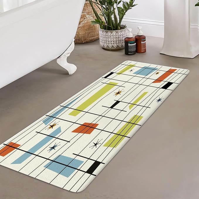 DYNH Mid Century Modern Abstract Geometric Bath Mat, Teal Blue Retro Grid Starbursts 19X31IN
