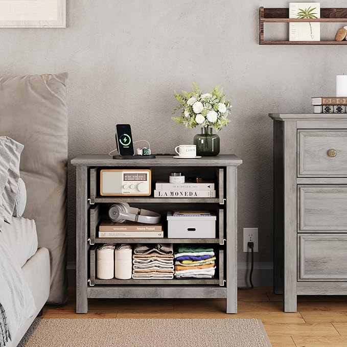 LGHM Large Nightstand with Charger Station, Dressers for Bedroom with 3 Drawers, 25.6" Tall Chest of Drawers Closet Organizers & Storage Clothes -Textured Borders for Living Room, Hallway, Gray