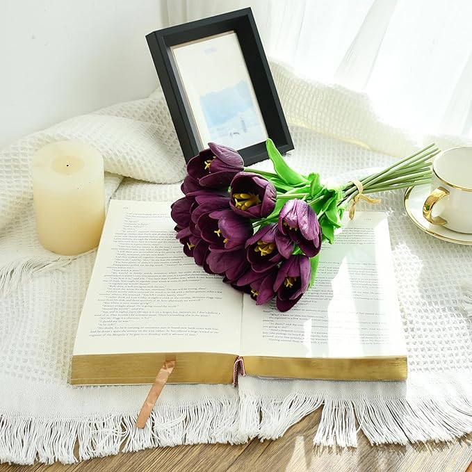 Mandy's Artificial Tulips 12 Stems Grape Purple Partially Open PU Faux Flowers for Wedding Home Decor 13.5 Inch