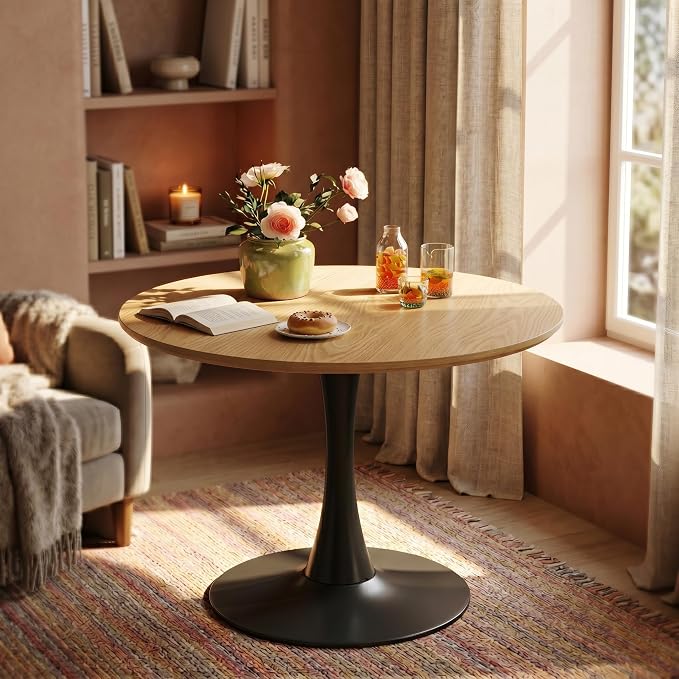31.5" Round Dining Table, Modern Tulip Table with Natural Wood Grain MDF Top & Black Steel Pedestal Base, Mid Century Kitchen Table for Small Spaces, Apartment, Breakfast Nook, Office