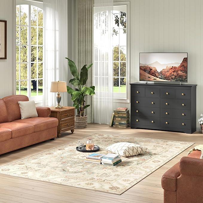 Black Dresser for Bedroom，55" Wide 10 Drawers Dressers,Modern Wooden Chest for Living Room, Hallway