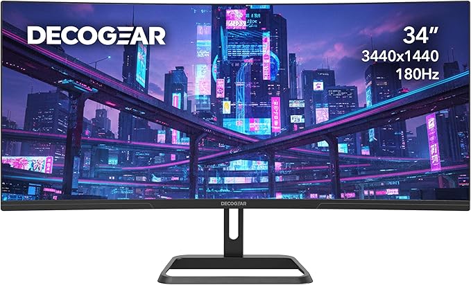 Deco Gear 34” Ultrawide Curved Gaming Monitor 3440×1440 UWQHD, 180Hz, 1ms MPRT, VA Panel, 1500R, HDR Ready, 100% sRGB, Adaptive Sync, Dual HDMI/DP, 21:9, VESA Mount, Tilt Adjustable - American Seller