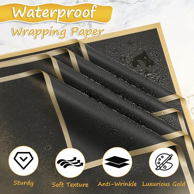 ROADPLUM 20 Sheets Flower Wrapping Paper, Black Bouquet Wrapping Paper Accessories with 100 Diamond Pins 60 Gold Butterflies 3 Ribbon 10 Cards 90 Bamboo Stick, DIY Floral Bouquet Supplies