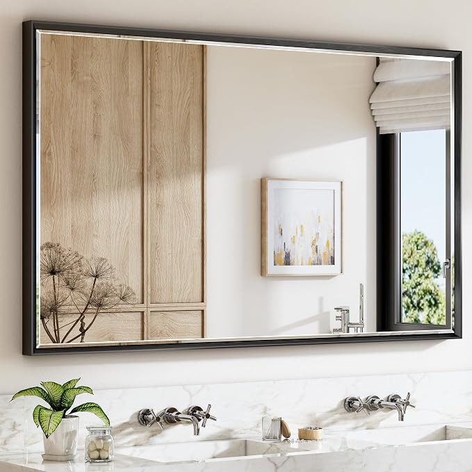 60 x 36 Black Framed Mirror for Bathroom, Beveled Black Bathroom Vanity Mirror Anti-Rust, Shatterproof Matte Black Rectangle Metal Frame Mirror, Vertical/Horizontal Large Wall-Mounted Mirrors
