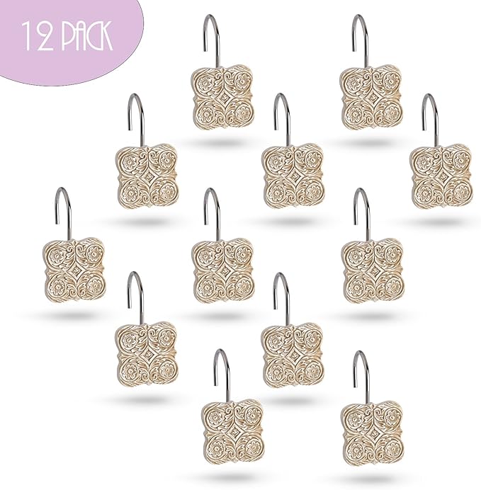 Creative Scents Victoria Shower Curtain Hooks - Set of 12 Beige Shower Curtain Rings for Bathroom Shower Rod - Decorative Bathroom Accessories Decor Shower Hooks for Shower Curtain