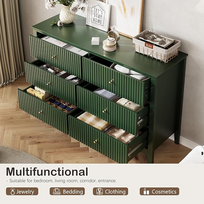 Green Dresser for Bedroom, 6 Drawers Fluted Chest of Drawers with Storage, Modern Wide Storage Dresser with Paint Design, Wood Drawer Organizer Green Dressers for Hallway, Entryway