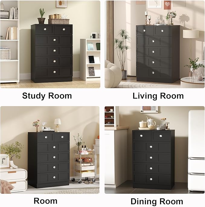 6 Drawer Dresser for Bedroom: 24" Fluted Black Dresser Deep Drawers, Modern Chest of Drawers for Bedroom, Fluted Wood Dressers for Living Room, Hallway (Black, 24")
