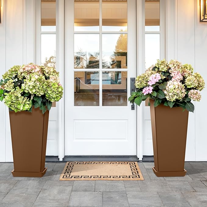 Set of 4 24" Tall Plastic Planters with Trays, Large Tapered Plant Pots for Indoor Outdoor Use, Modern Decorative Planters for Porch, Patio, Garden, and Backyard
