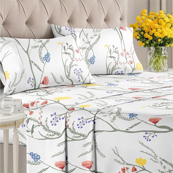 Floral Sheets - Boho Cal King Bed Sheet Set - 1 Flat, 1 Fitted & 2 Pillowcases w/ Deep Pockets - Wrinkle & Fade Free - Boho Botanical Bedding - Ultra-Soft, Breathable and Cooling - Cal King Size Set