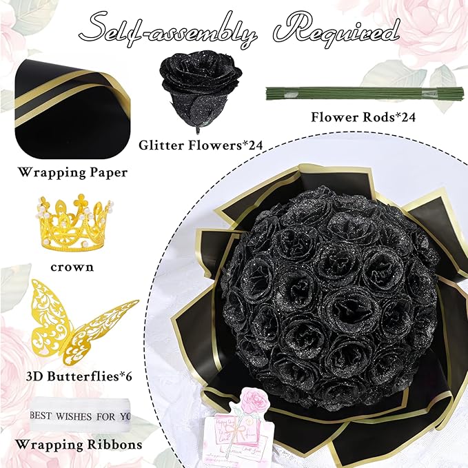 Waipfaru 24 Pcs Glitter Roses Bouquet, DIY Fake Flowers Bouquet, Artificial Black Rose Bouquet for Valentines, Mothers Day Gifts, Anniversary, Engagement, Wedding