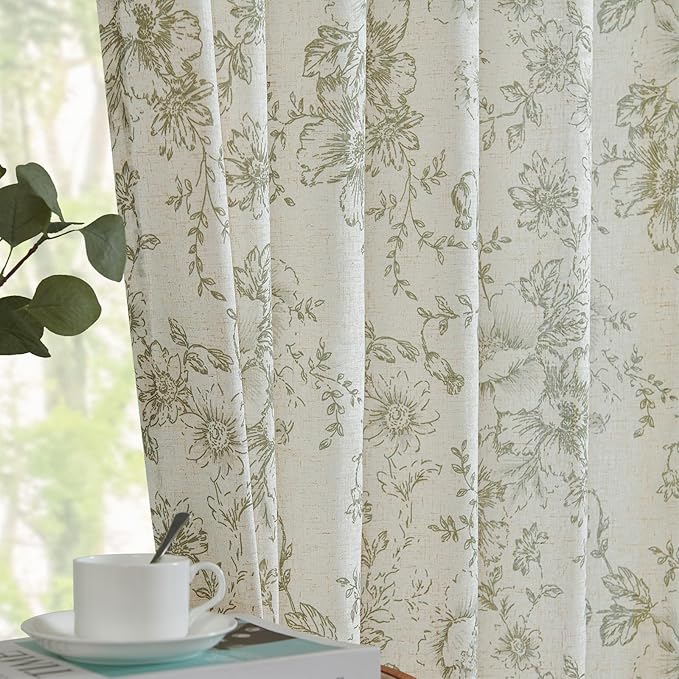 jinchan Lined Linen Blend Curtain Floral Curtains for Living Room 63 Inch Length Christmas Green Peony Flower Printed Curtain Back Tab Farmhouse Patterned Drapes Bedroom Curtains Set 2 Panels