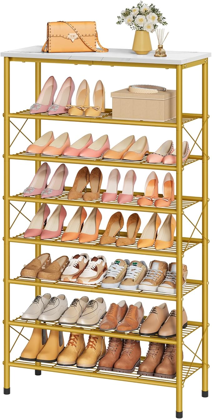 Tajsoon 8 Tier Shoe Rack Organizer for 28-32 Pairs of Shoes, Metal Mesh Shoe Shelf for Closet, Industrial Shoe Rack for Entryway Shoe Storage with X Shape Fixed Frame, White & Gold