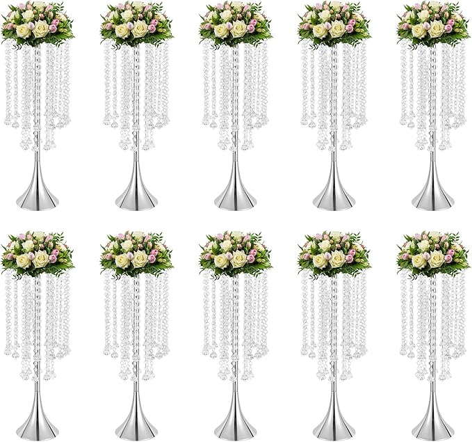 10 Pack Acrylic Crystal Flower Vases, Trumpet Shape Centerpiece with Hand-Strung Beads, Flower Stand Wedding Centerpieces on Floor for Wedding Aisle Decor, Event Centerpieces Decoration (Silver)