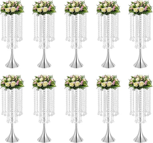 10 Pack Acrylic Crystal Flower Vases, Trumpet Shape Centerpiece with Hand-Strung Beads, Flower Stand Wedding Centerpieces on Floor for Wedding Aisle Decor, Event Centerpieces Decoration (Silver)