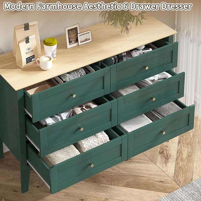 6 Drawers Green Dresser for Bedroom, 47" Wide Wood Modern Chest of Drawers, Shaker Style, Modular Dresser TV Stand for Bedroom, Living Room, Hallway (Green)