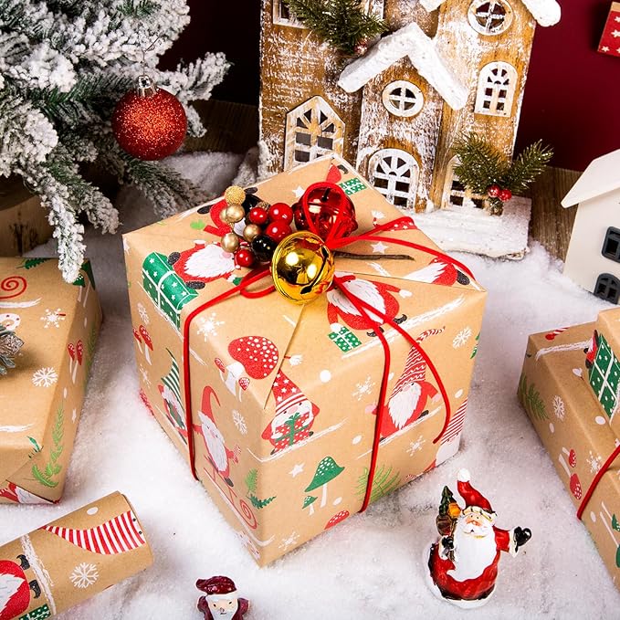 Yarcony Kraft Christmas Wrapping Paper Roll, Gnome Christmas Gift Wrapping Paper, Recycled Retro Festive Woodland Gnome Mushroom Gift Wrap Present Paper for Winter Holiday, Crafts (17 Inch X 33 Feet)