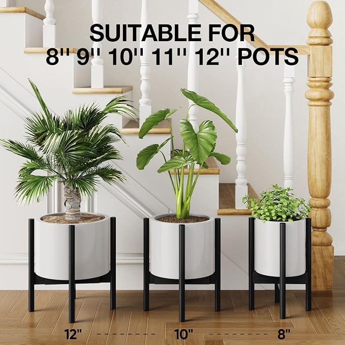 MUDEELA Plant Stand for Indoor Plants: Adjustable Width Fits 8-12 Inch Pots - Mid-century Modern Bamboo Plant Stand - 14.5 Inch Single Tier Small Floor Plant Holder, Black, 2 Pack (Without Pot)