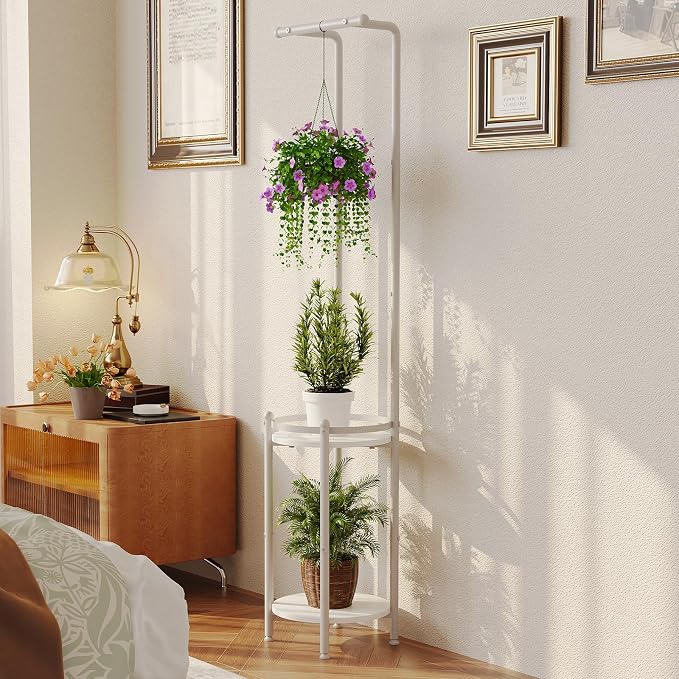 Homsorout Plant Stand Indoor Outdoor - Heavy Duty Metal 2-tier Hanging Plant Holder Space-Saving Iron Plant Stands Tall Plant Shelf for Living Room Garden Balcony (White)
