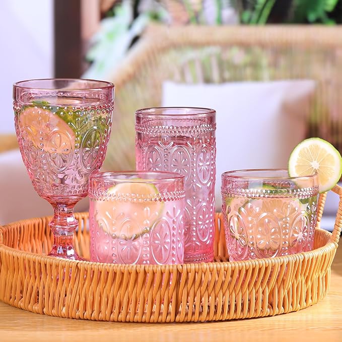 abrwyy Drinking Highball Beverage Glass Cup, Vintage Drinking Glasses, Colored Glassware Set for Party Wedding Home Office Gift, Set of 4 ,Pink