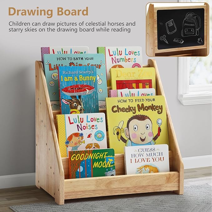 Montessori Bookshelf for Toddler 1-5 Years, Kids Wooden 5-Tier Front Facing Book Display Shelf with Chalkboard for Bedroom,Playroom,Classroom,Book Rack Organizer, Natural
