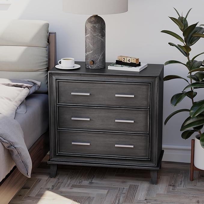 COZAYH Modern 3 Drawer Nightstand, Wood Dresser with Metal Handles, Vintage Accent Bedside Table Storage Chest, Mid-Century Cabinet, Sturdy Bedroom Organizer, Dark Finish, Fully Assembled, Black
