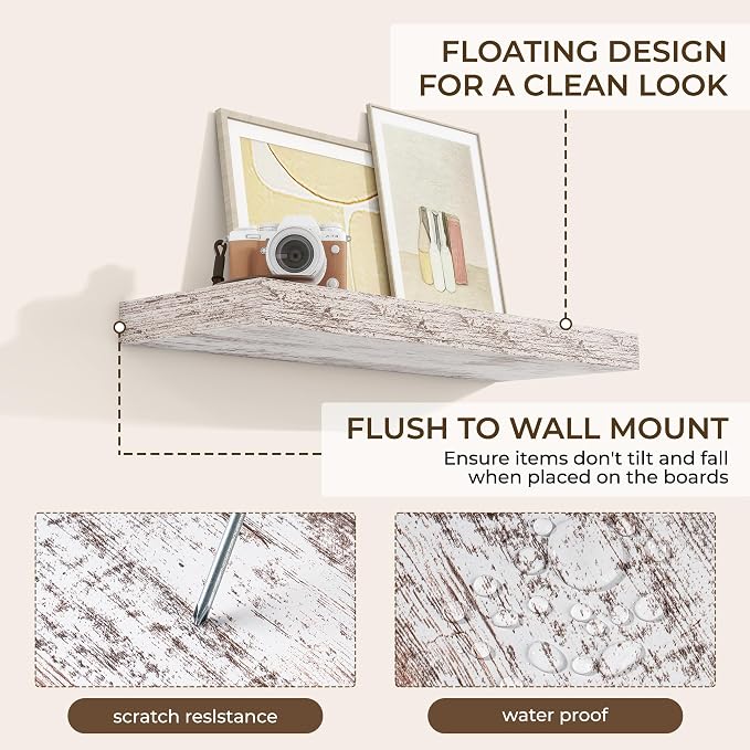 RICHFOCUS 28Inch Floating Shelves for Wall 2 Pack Shelves for Bedroom|Kitchen|Bathroom|Laundry Room Rustic Wood Wall Mounted Shelf with Invisible Brackets for Books|Storage|Decor, Rustic White