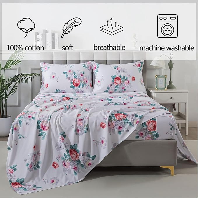 FADFAY Red Vintage Peony Floral Queen Size Sheets Set 100% Brushed Cotton Shabby Purple Rose Pattern Bedding Set Deep Pocket Sheets with 2 Pillowcases Luxury Breathable Soft 4pcs, Queen Size