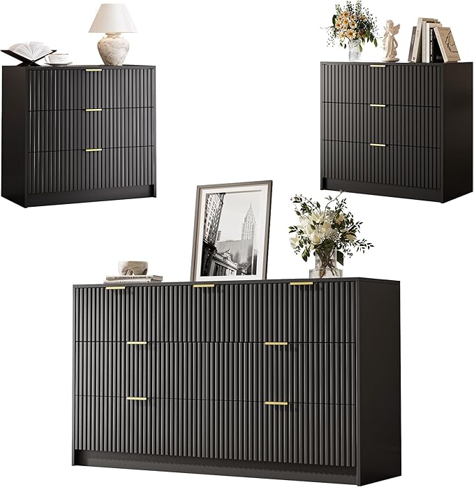 3-Piece Dresser Bedroom Set, 7 Drawer Dresser & 3 Drawer Nightstands with Gold Handles, Fluted Wood Chest of Drawers for Bedroom, Living Room, Entryway, Black