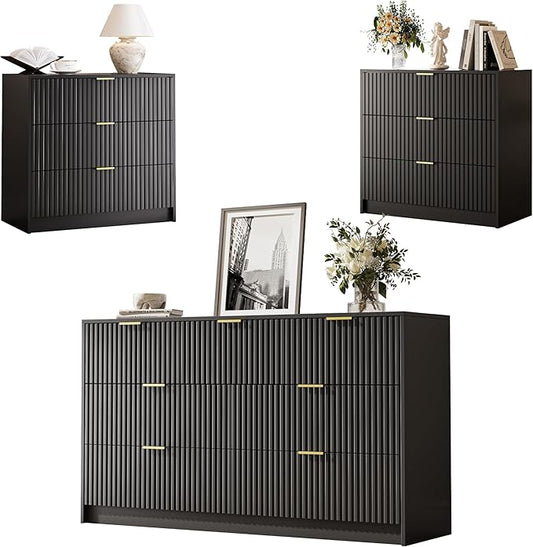 3-Piece Dresser Bedroom Set, 7 Drawer Dresser & 3 Drawer Nightstands with Gold Handles, Fluted Wood Chest of Drawers for Bedroom, Living Room, Entryway, Black