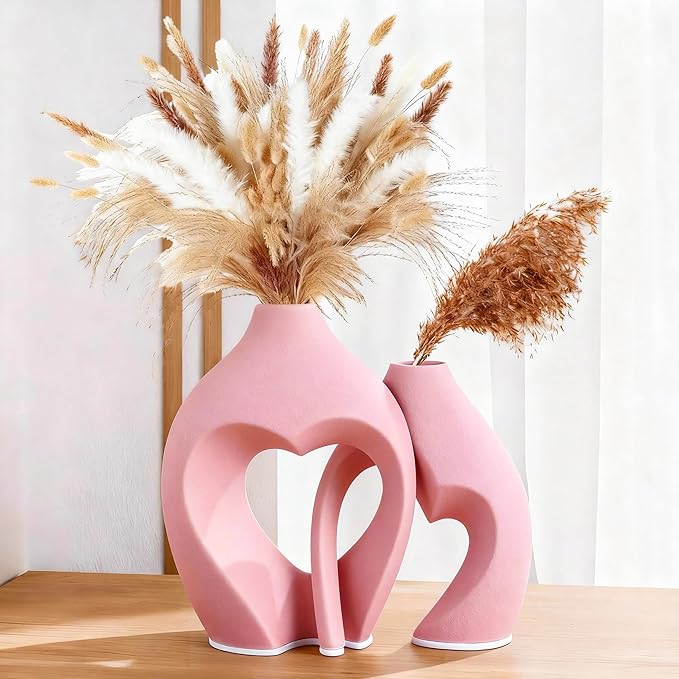 Pink Heart Shaped Ceramic Vases Set of 2, Modern Nordic Minimalist Flower Vases for Home Decor, Hollow Aesthetic Vases for Living Room, Shelf, Table, Office and Wedding Centerpieces