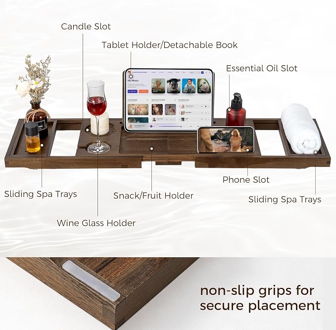 Teak Bathtub Tray, Expandable Bath Tray for Tub 28–40in, Foldable Bath Caddy with Wine Holder, Phone & Tablet Stand, Wooden Bathtub Organizer, Luxury Spa Bathroom Accessories Gift - Dark Walnut Finish