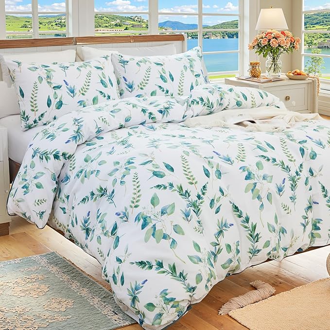 Botanical 100% Cotton Duvet Cover Queen Size - 3Pcs Mint Green Printed with Sage & Emerald Leaves on White,Reversible Lightweight and Soft Bedding Sets