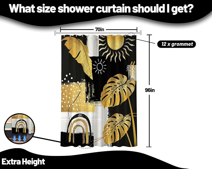 Extra Long Shower Curtain 96 Inchs Extra Tall Black and Gold XL Bohemian Mens Shower Curtains for Large Bathroom Decor Sets, Waterproof Cloth Fabric with Hooks, 70 x 96 Inch