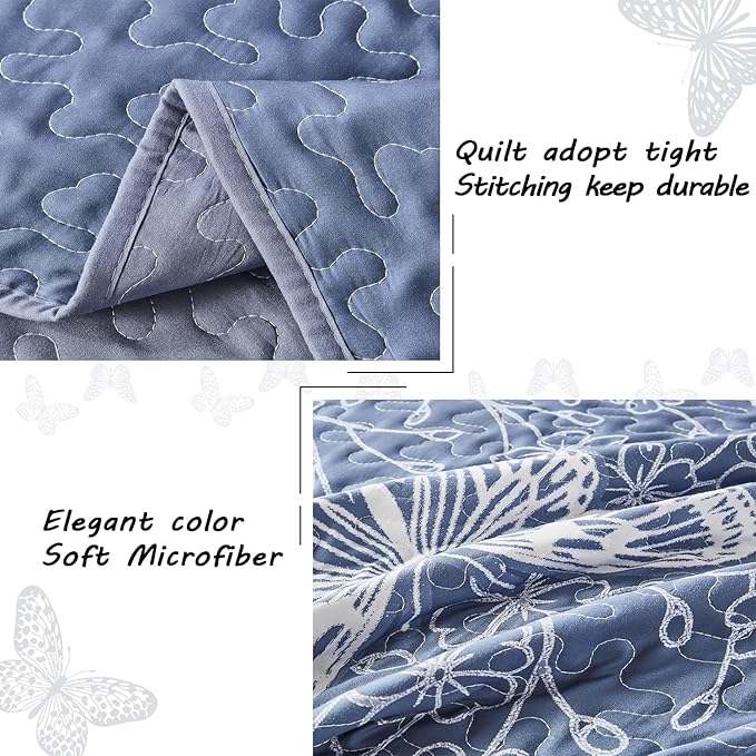 Yogeneg King Size Quilt Set,White Butterfly Botanical Pattern Blush Grey Bedding Set,3 Piece Lightweight Soft Summer Bedspread Coverlet with 2 PIillow Sham for All Season(Butterfly,110"x96")