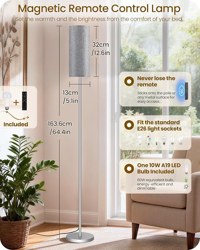 Dimmable Floor Lamps for Living Room with Remote and Foot Switch, 64.4” Modern Standing Tall Lamp, Corner Lamp for Bedroom, Office, Bulb Included, 3000K-6500K, Gray and Silver, FCC Listed SH06LD05W1