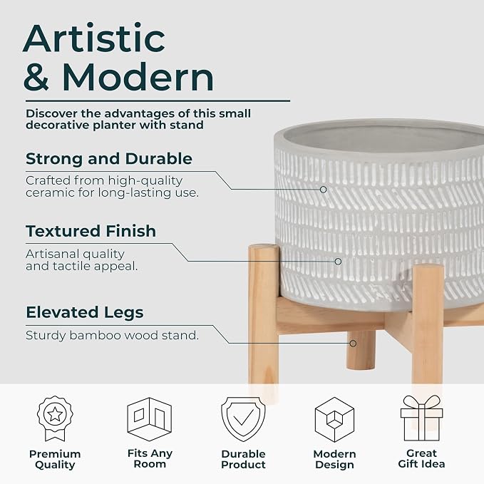Stoneware Planter With Wood Stand – Plant Stand Indoor For Small Greenery, for Shelf, Table, or Windowsill, Modern Patterned Planter With Plant Riser Accent Home Decor – 6", Ivory Tan