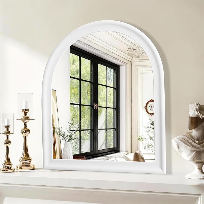 Arched Bathroom Mirror 30 x 36 Inch, White Framed Decorative Wall Mount Mirror with Tempered Glass for Entryway, Living Room, Bedroom, Hallway Fireplace Mantel Decor