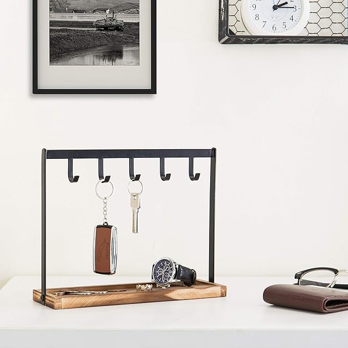 MyGift Black Metal Entryway Key Holder with 5 Hooks and Burnt Wood Base, Tabletop Necklace and Jewelry Organizer Rack with Ring Tray