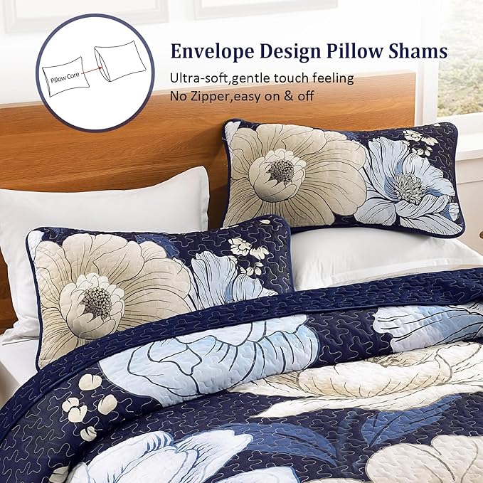 Dintszyayue Blue Quilt Set Queen,3 Pieces Floral Bedspreads Lightweight Coverlet Set for All Seasons, Reversible Quilted Printed Bedding Set with 2 Pillow Shams