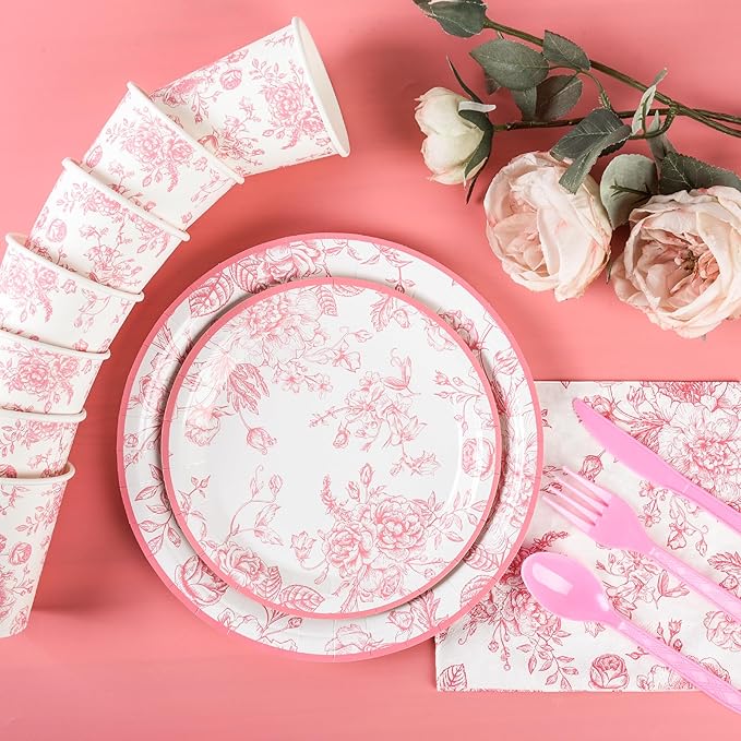 175Pcs Pink Floral Paper Plates and Napkins 25 Guests Pink White Toile Chinoiserie Party Supplies Set Include Plates Napkins Cups Spoons Forks Knives for Christmas Birthday Wedding Mother's Day